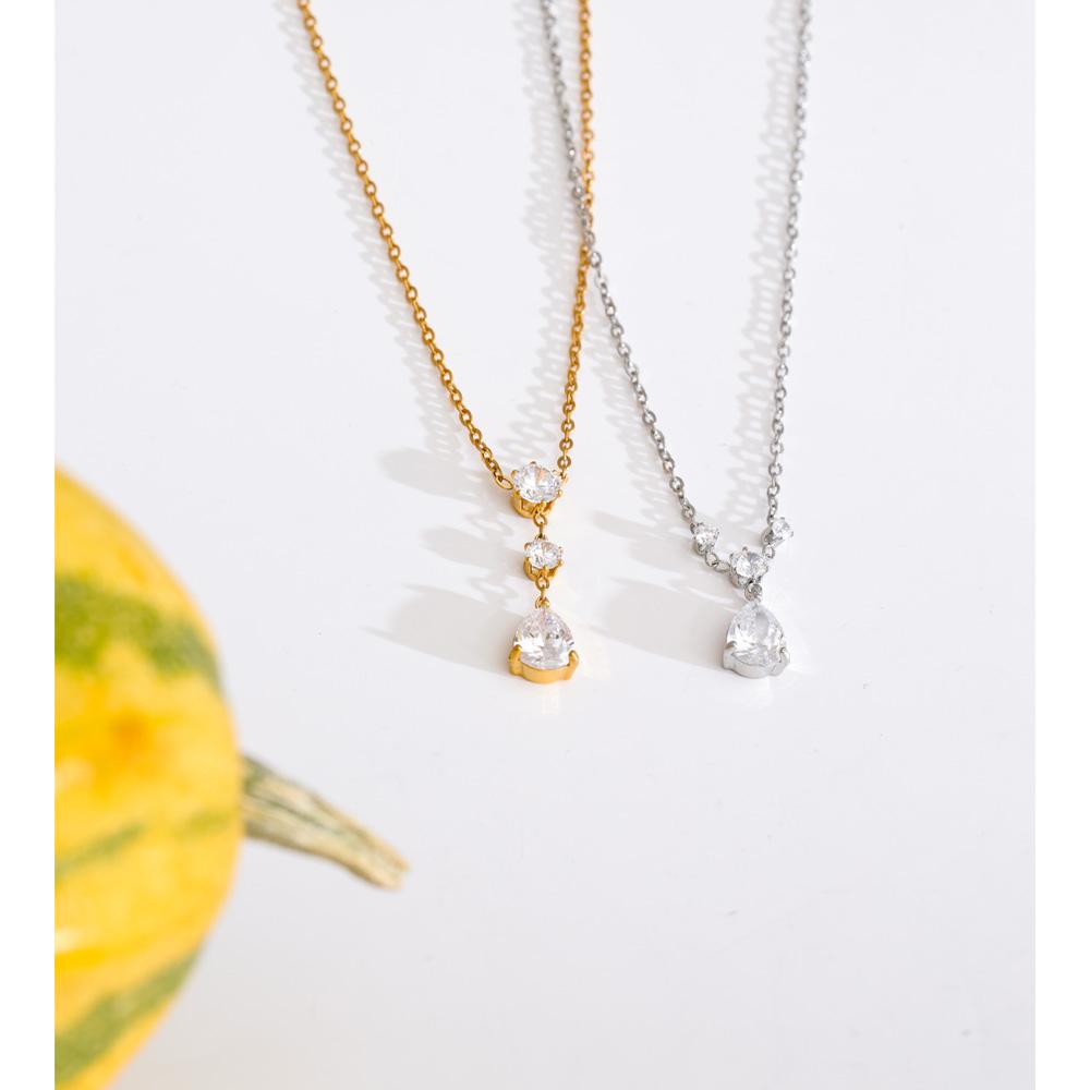 Yhpup 2 Style Stainless Steel Cubic Zirconia Water Drop Pendant Necklace Delicate Daily Shiny Premium Collar Jewelry Accessories