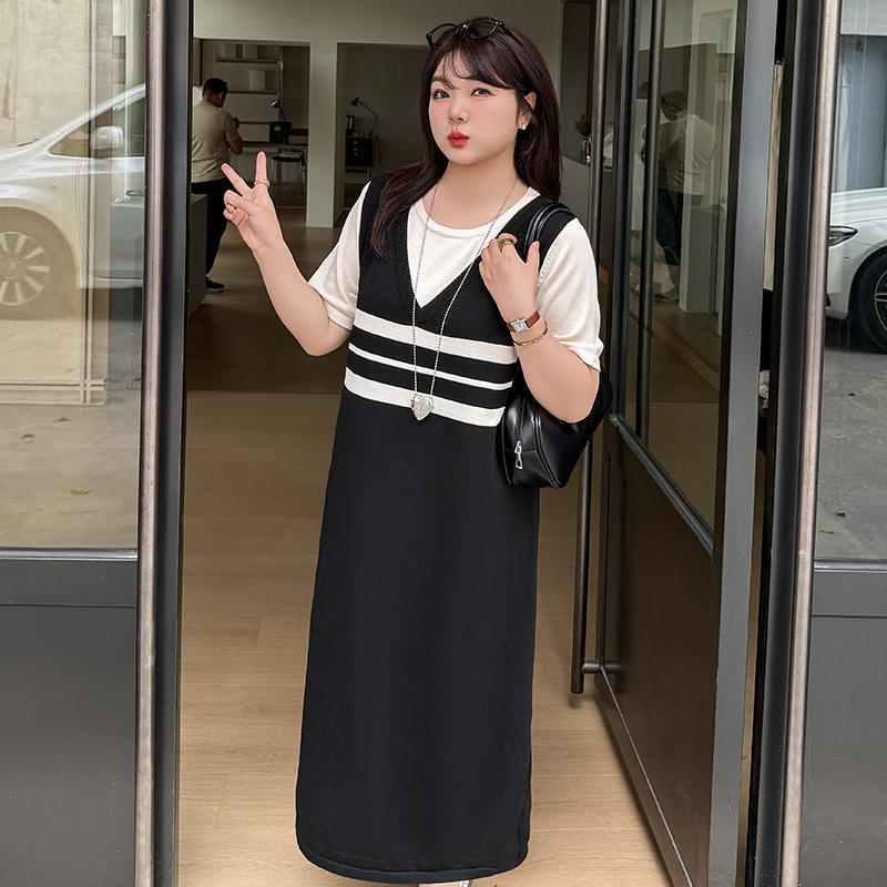 Kadın Sahte İki Parça V Yaka Tişört Elbise Kadın Düz Yazlık Kısa Kollu Örgü Elbise