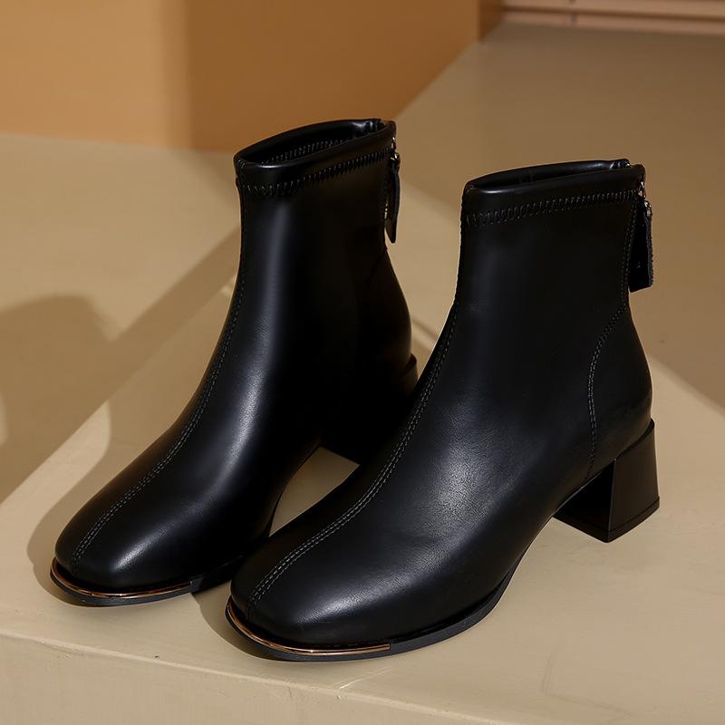 

Женские короткие ботинки 2025 осень и зима, новые ботинки с низкой голенью, эластичные, тонкие, с квадратным носком, на толстом каблуке, в британском стиле, короткие 35