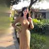 High-end V-neck Long-sleeved Knitted Dress, Spring Body Temperament, Celebrity Waist Bottom Hip Skirt