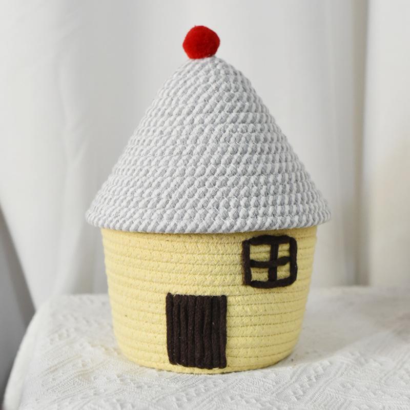 House Shape Cotton Rope Woven Storage Basket with Lid Large Capacity  Cute Bedroom Storage Basket Dustproof Cosmetics Storage