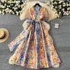 Elegant Retro Print Flower Long Dresses Women Summer Autumn Holiday Palace Style National Trench Belt V Neck Party Dress