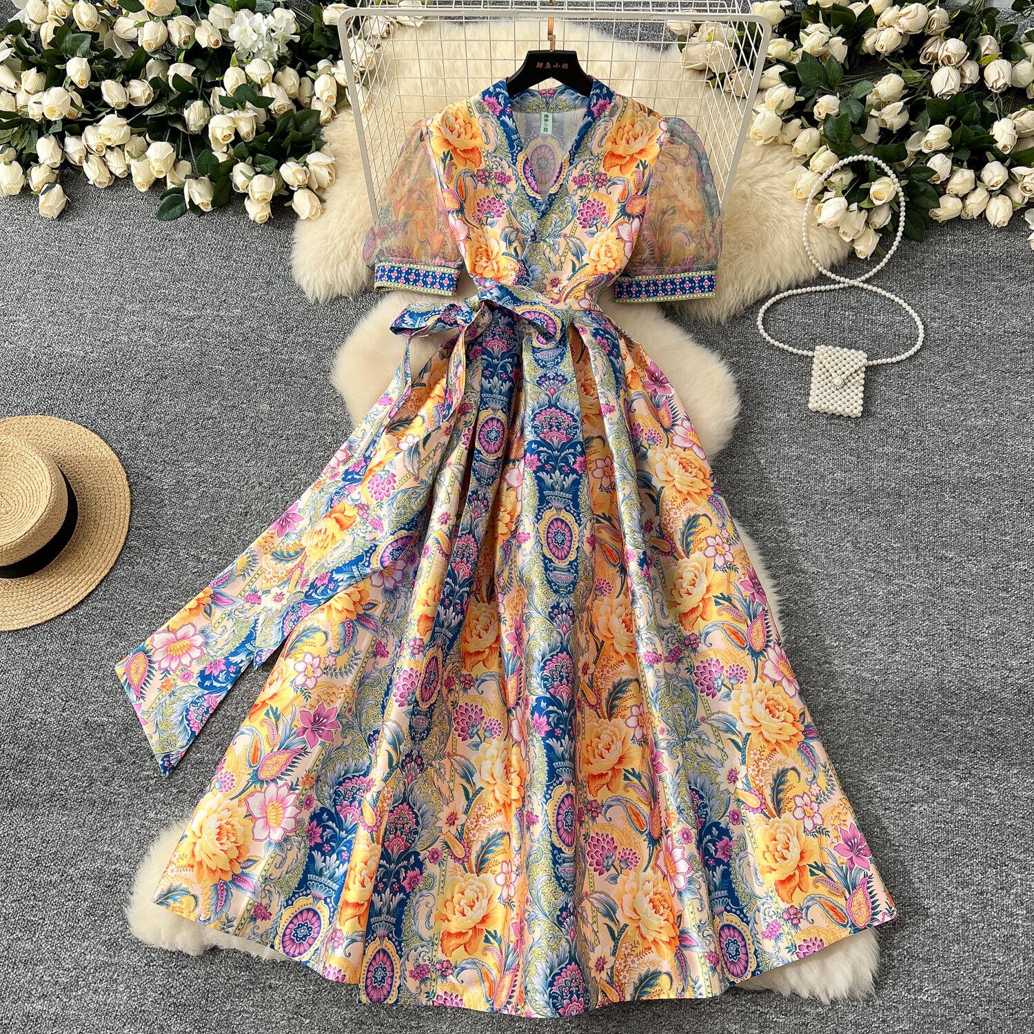 

Элегантные длинные платья с цветочным принтом в стиле ретро для женщин, летне-осенние, для отпуска, в дворцовом стиле, национальный тренч с поясом, V-образный вырез, вечернее платье XXXL жёлтый