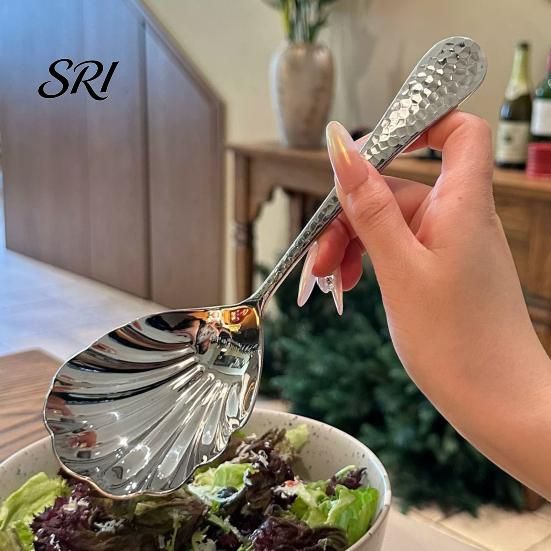Decorative Serving Spoon Hammer-Grain Handle Shell Shape Design Polished Mirror Finish Soup Kitchen Tableware Artistic