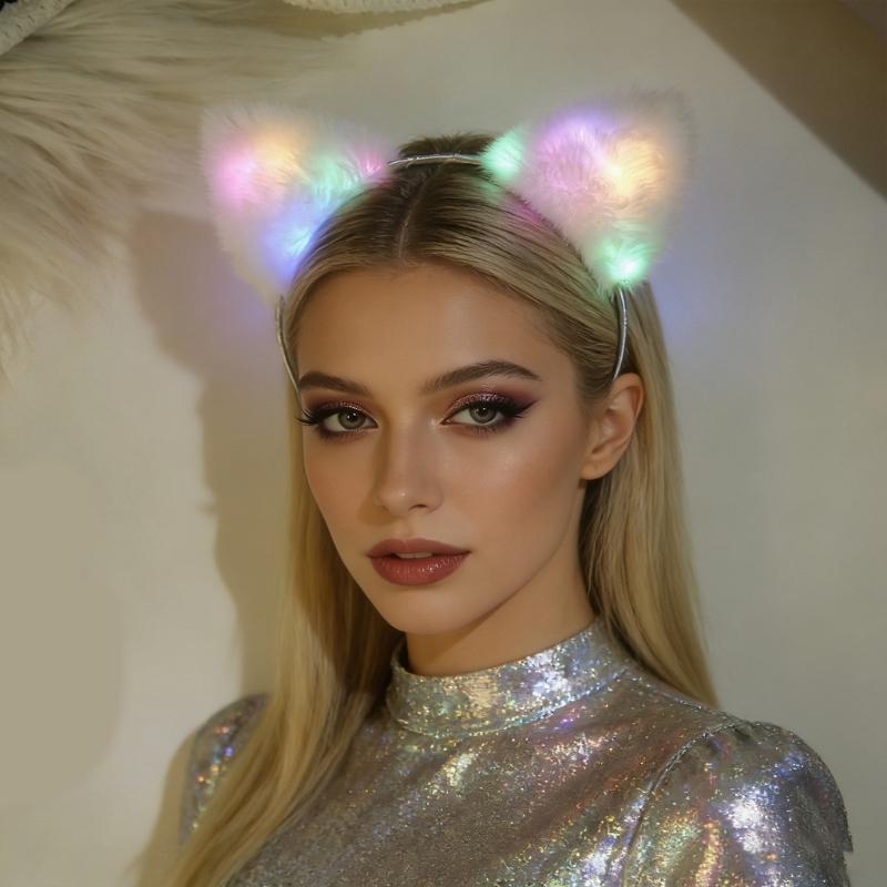 Comfortable Lovely Kitten Ear Headbands With Glowing LED Light For Halloween Christmas Parties Plush Headwear