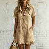 Women's Summer Romper Jumpsuit Turn Down Collar Short Sleeve Button Up Playsuit with Pockets