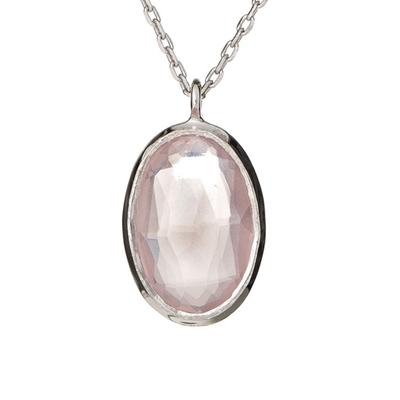 [R5626] - Silver 'Meghan' Silver Rose Quartz Necklace (rhodium) - 13x9mm