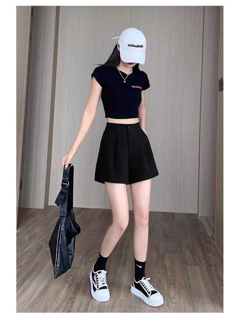 Women's 2024 French A-Line Black Summer Shorts - High Waist, Thin, Loose, Wide-Leg Design