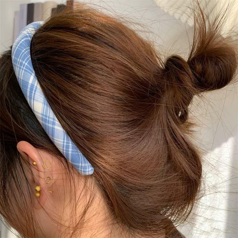 Blue Striped Plaid High Crown Headband - Versatile Preppy Style Accessory