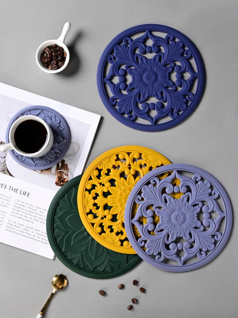 3pcs/Set Silicone Tableware Mat Reusable Vintage Hollow Carving Silicone Pad Heat-insulated Bowl Cup Pot Placemat Table Decor