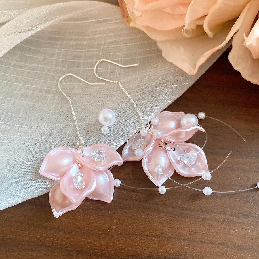 Zircon Petal Pearl Tassel Ear Hooks Vacation Style Sweet Women Jewelry Wholesale