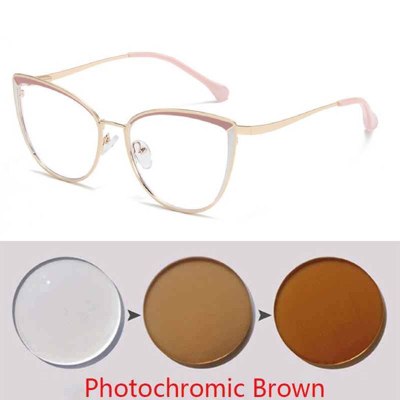 Anti-blue Light Cat Eye Prescription Spectacle Women Myopia Lens Photochromic Eyeglasses Diopter 0 -0.5 -0.75 -1.0 -2.0 To -6.0