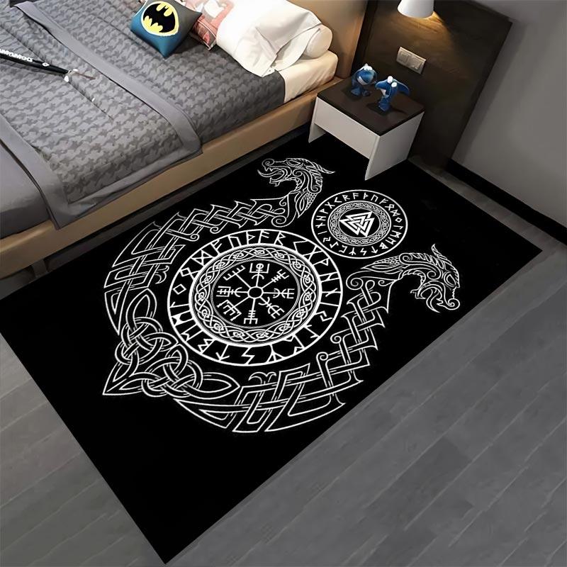 "Nordic Viking Black Carpet with Runes, Dragon Symbols, and Knotwork" Suitable for Use As an Anti-slip for Living Room Bedroom Sofas