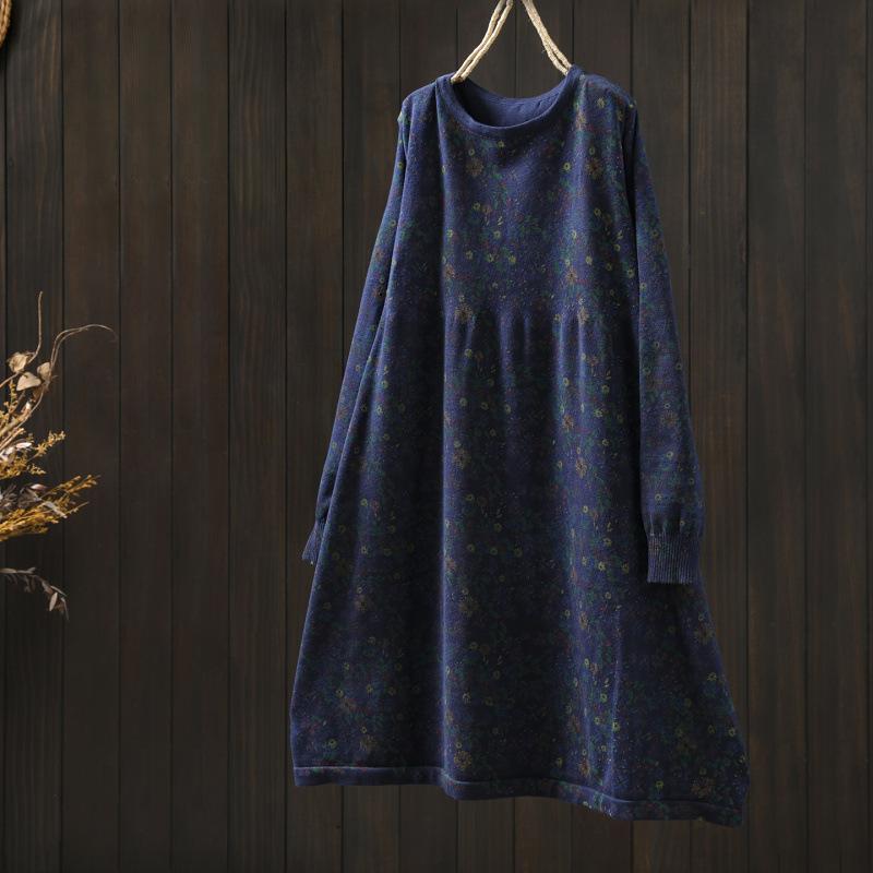 

Johnature Жіночі вінтажні сукні з квітковим принтом, в язані осінні сукні з круглим вирізом і довгим рукавом, повсякденні А-силуету One Size темно-синього кольору