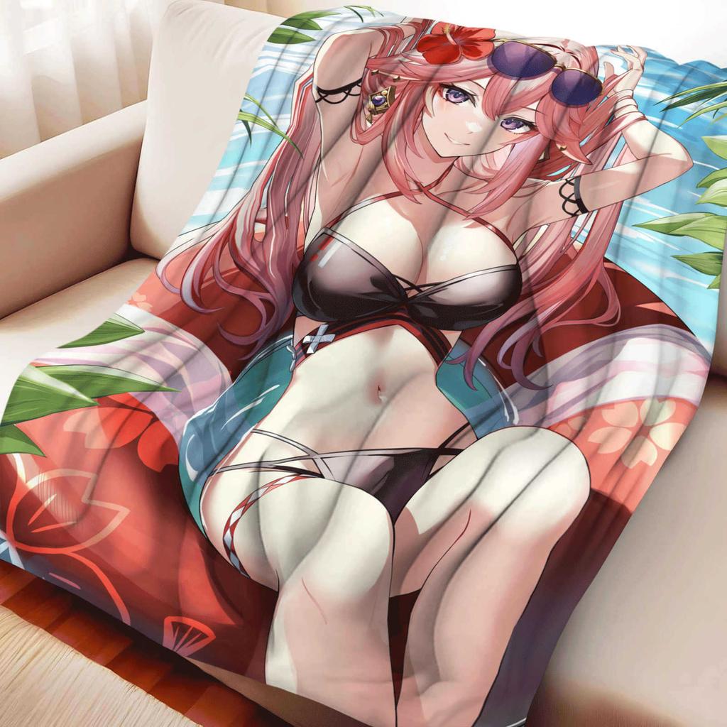 Cartoon Genshin Impact Yae Miko Flannel Blanket Cover Warmth Soft Anime Blanket Multifunctional Decor Home Universal Blankets