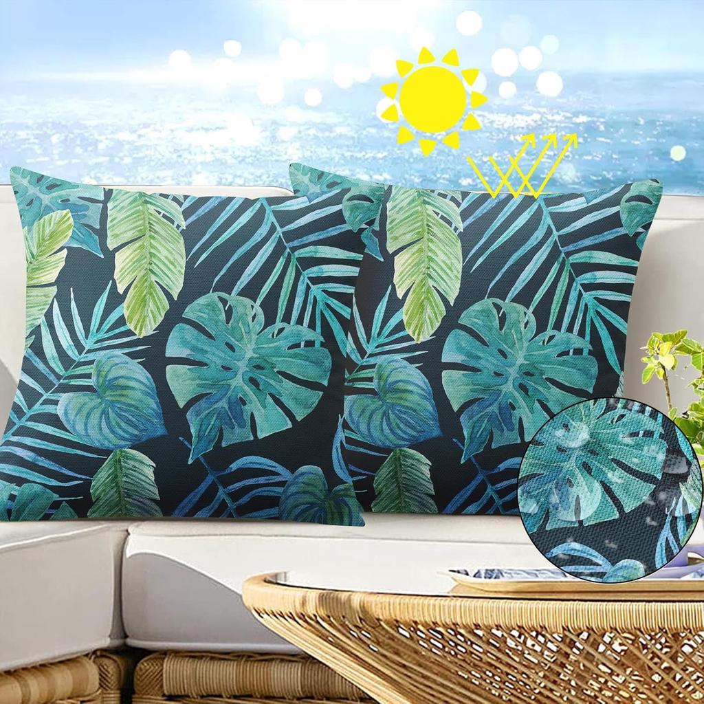 Greenery Tropical Plants Outdoor Waterproof Throw Pillow Covers 18 x 18 Inch Set of 2, Palm Leaf Pillowcase Square Cushion Case, Farmhouse Garden