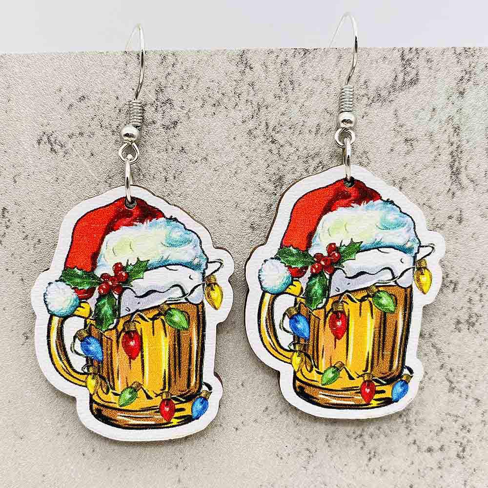 

Festive Wooden Christmas Earrings: Santa Hat, Bull Head, Beer Mug, and Colored Lights. Wooden