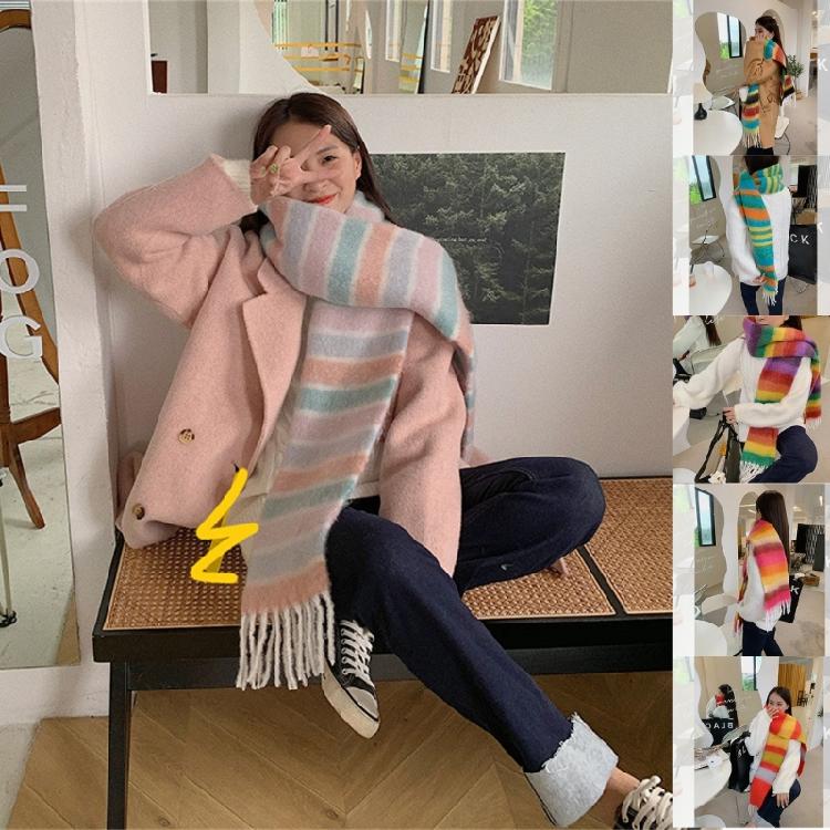 Adult Women Warm Scarf Thicken Rainbow Long Scarf Soft CashmereFeel Shawl Scarf