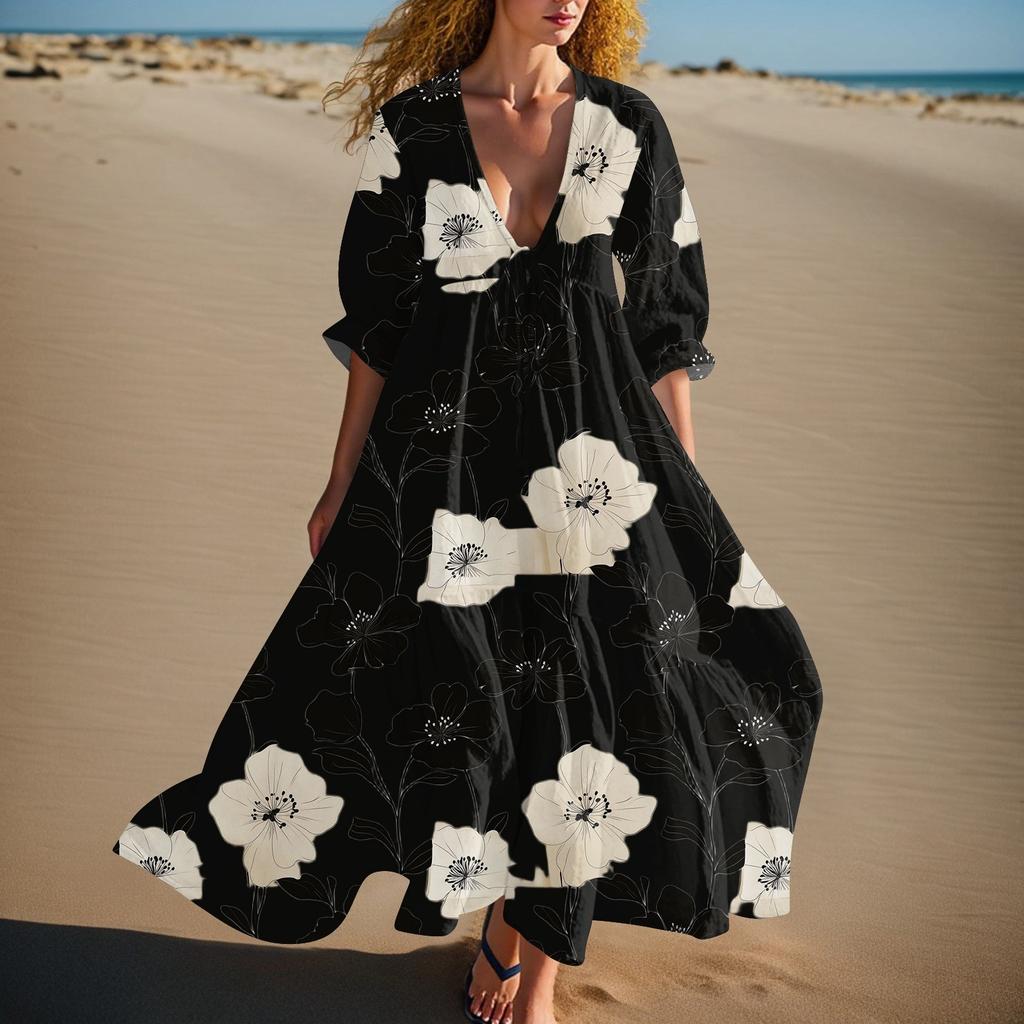 Women's Summer Fashion V-neck Retro Floral Print Short Sleeved Beach Dress With Lace Patchwork Dress