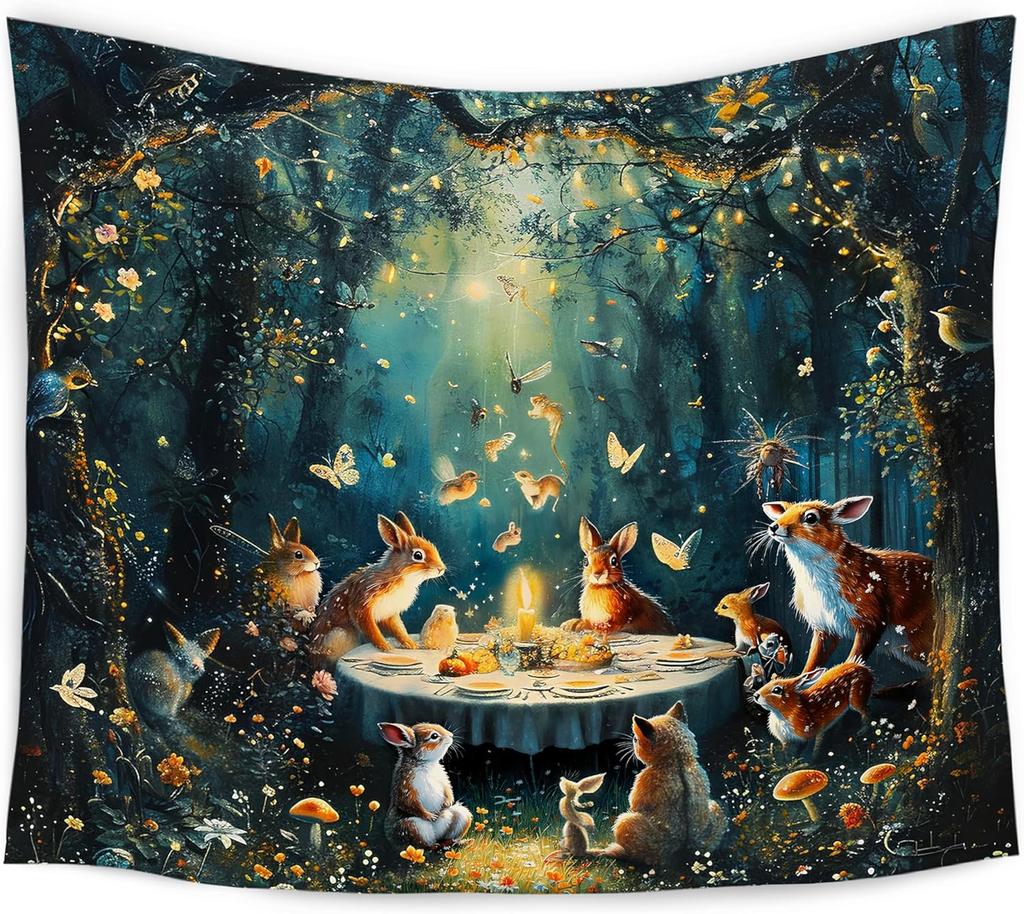 Enchanted Forest Tapestry, Fantasy Woods Tapestry Wall Hanging, Magical Wildflower Forest Animal Wall Blanket Decor For Home