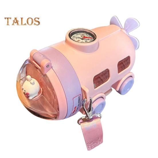 Cartoon Water Bottle with Straw & Strap 550ml Submarine Shape Sippy Cup for Kids Reusable Detachable Silicone Nozzle Water Cup for School Sports