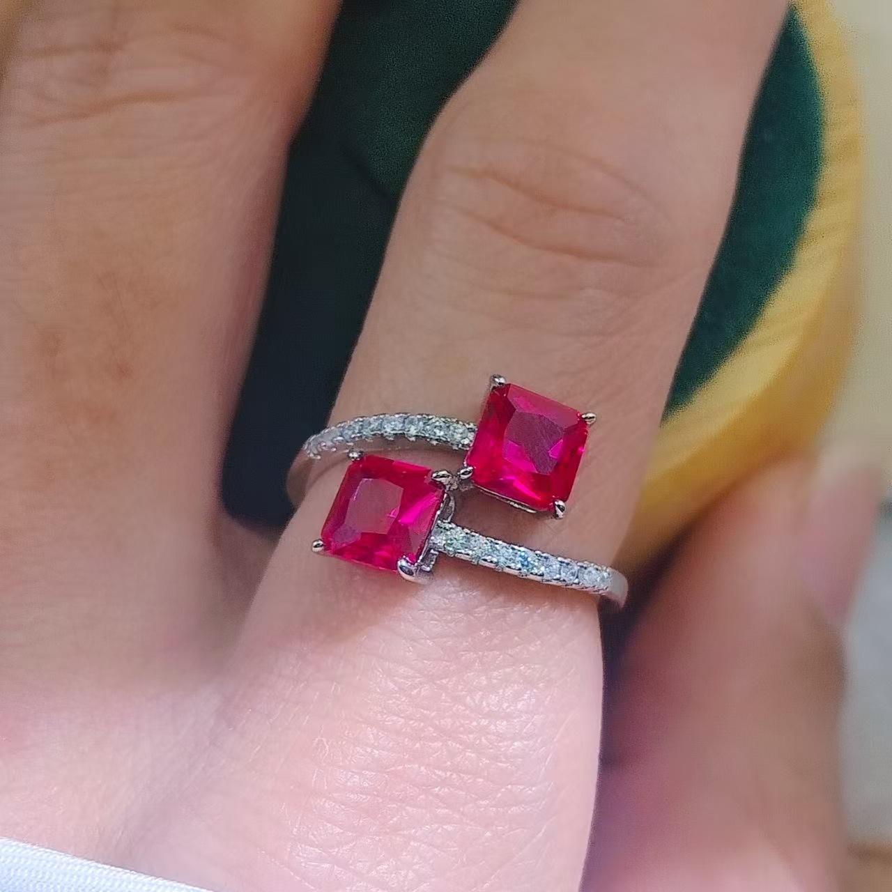 Silver-Plated Open Ring with Synthetic Ruby and Blue Spinel Squares for Women Adjustable open