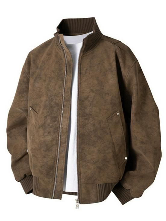 Men's Retro PU Leather Jacket with Stand Collar - Trendy, Versatile, Loose Fit for Spring and Autumn with Plus Velvet Casual Design.