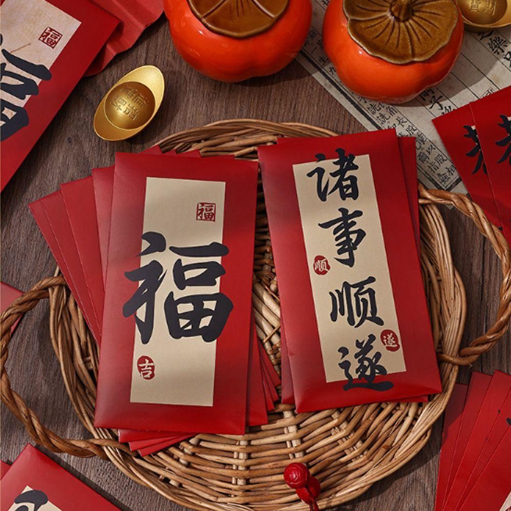 6pcs Blessing Chinese Calligraphy Red Envelopes Hongbao Red Packet New Year Money Pocket Bonus