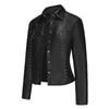 Womens PU Leather Biker Jacket With Rivets Stand Collar Single Button Lightweight Streetwear Outerwear