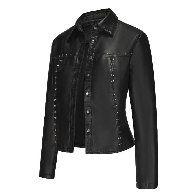 Womens PU Leather Biker Jacket With Rivets Stand Collar Single Button Lightweight Streetwear Outerwear
