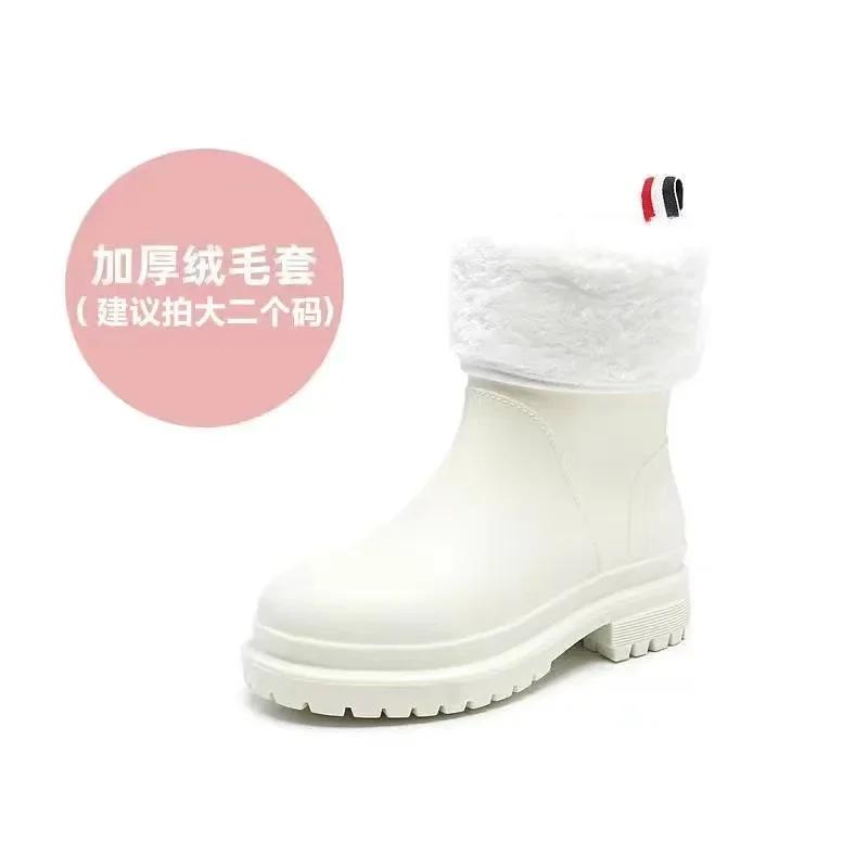 New Windproof Rain Boots Women Leather Mid-calf Rainboots Fashion Elastic Band Rain Shoe Ladies Cotton Waterproof Work Boot2025