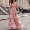 Damen Deep V-Ausschnitt Rüschen Stufen Maxikleid Kurze Ärmel Gefaltete Taille Einfarbige Formelle Robe