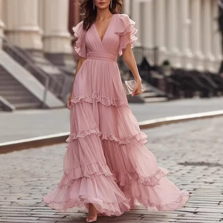 Damen Deep V-Ausschnitt Rüschen Stufen Maxikleid Kurze Ärmel Gefaltete Taille Einfarbige Formelle Robe