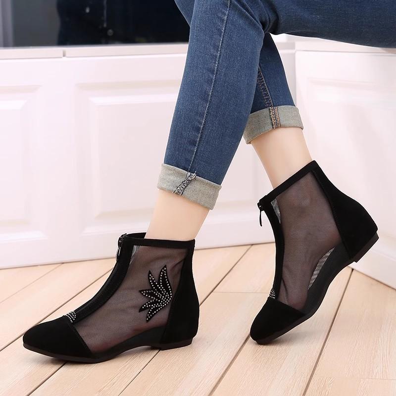 Fashion GKTINOO 2025 Fashion Cow Suede Summer Ankle Boots for Women Flat Heel Boots Mesh Cut Out Booties Casual Shoes Big Size 34-43