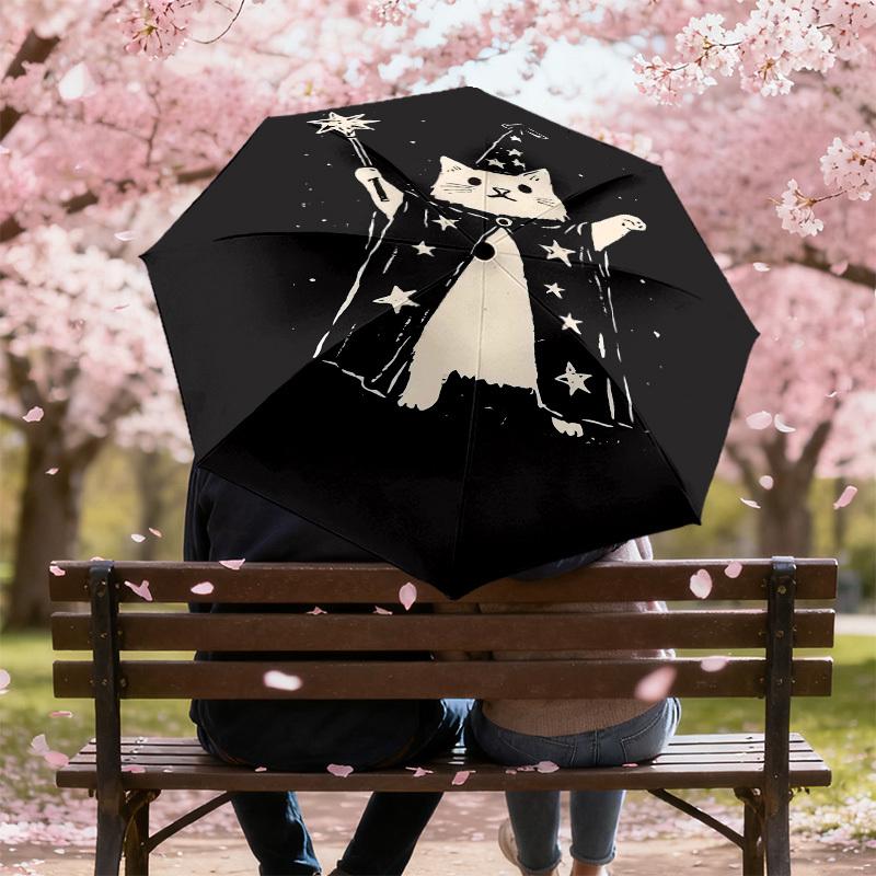 Magic Cat Wizard Umbrella, holding a magic wand. Perfect for outdoor adventures, this automatic opening/closing umbrella