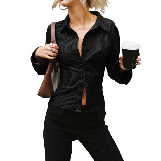 Women Shirt Lapel Long Sleeve Striped Print Shirt Buttons Placket Slim Fit Versatile Tops Daily Wear