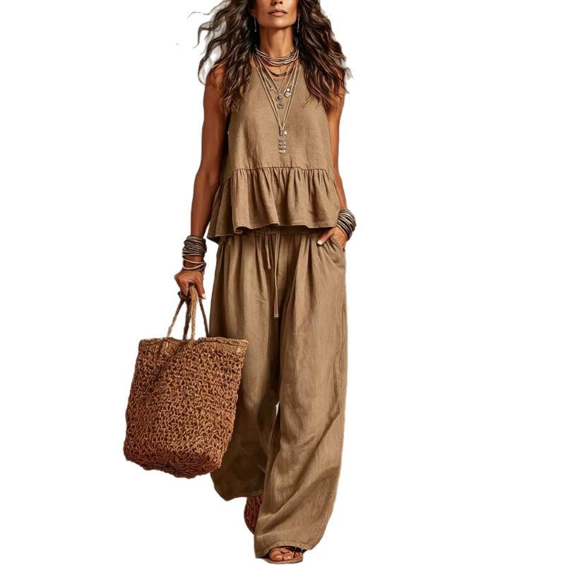 Women Solid Color Sleeveless Tank Top And Drawstring Waist Wide Leg Pants Casual Loose Fit Two Piece Set Summer Outfit