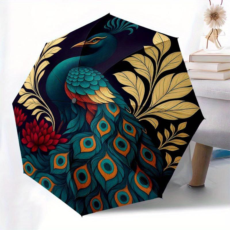 Elegant Peacock with Lotus Flower Circular Art Print Umbrella, Portable 3-Fold Compact Umbrella for Men & Women R154
