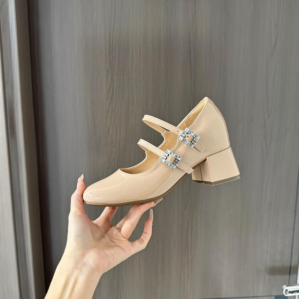 French light mouth thick heel plus inner increase of 8 cm double strap rhinestone buckle round head Mary Jane gentle temperament high heels