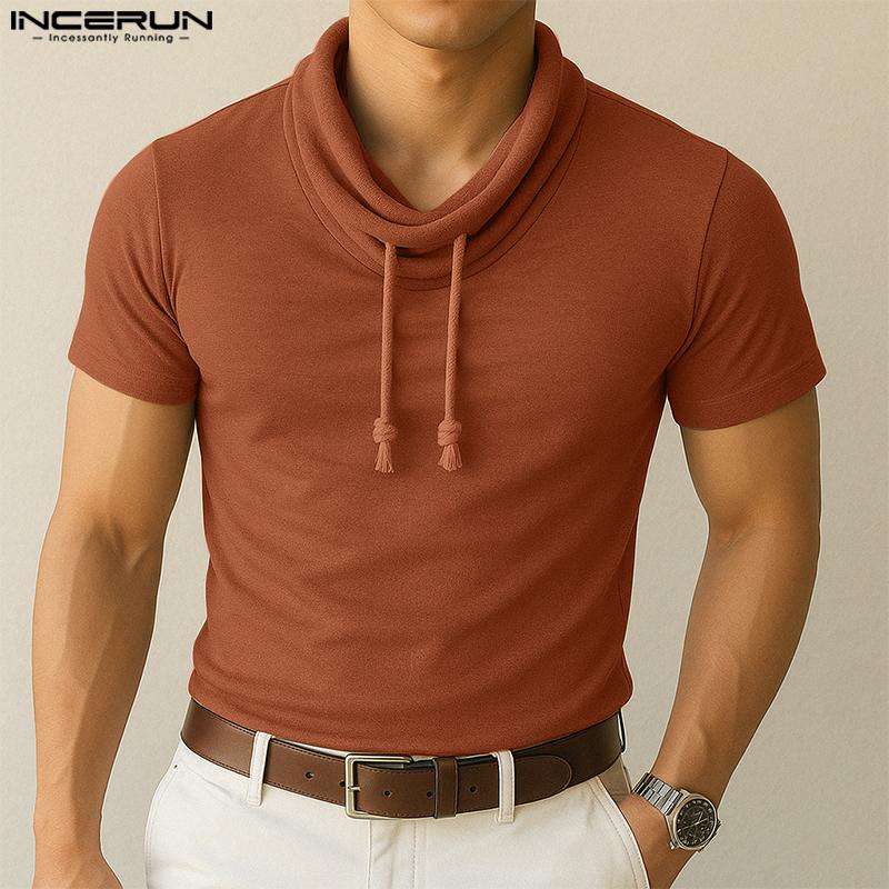 INCERUN Summer Men Drawstring Neck Short Sleeves Casual Fitted Tee Tops