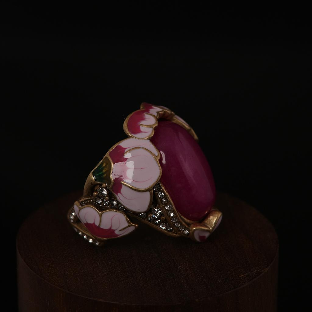 Medieval Vintage High-Grade Copper Gold-Plated Pink Natural Stone Powder Enamel Lotus Ring Earrings Set