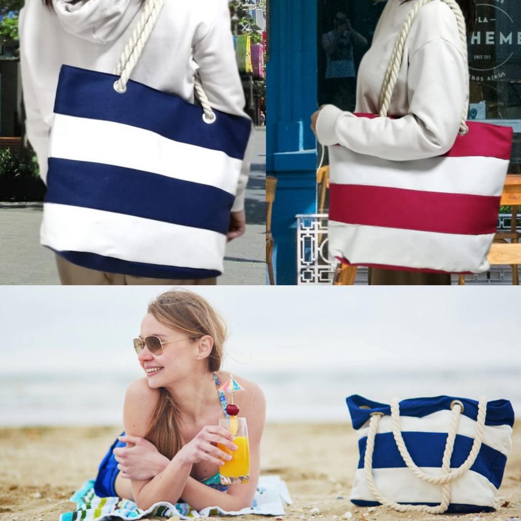 APOSITV Women's Striped Canvas Tote Bag, MarineOutdoor Design, Large Capacity, Striped (Blue)