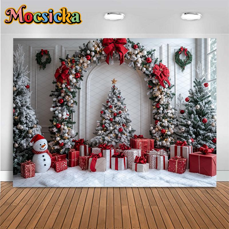 Mocsicka Christmas Tree Photography Backdrop Snowman White Wall Home Gifts Decor Children Family Holiday Party Background Banner