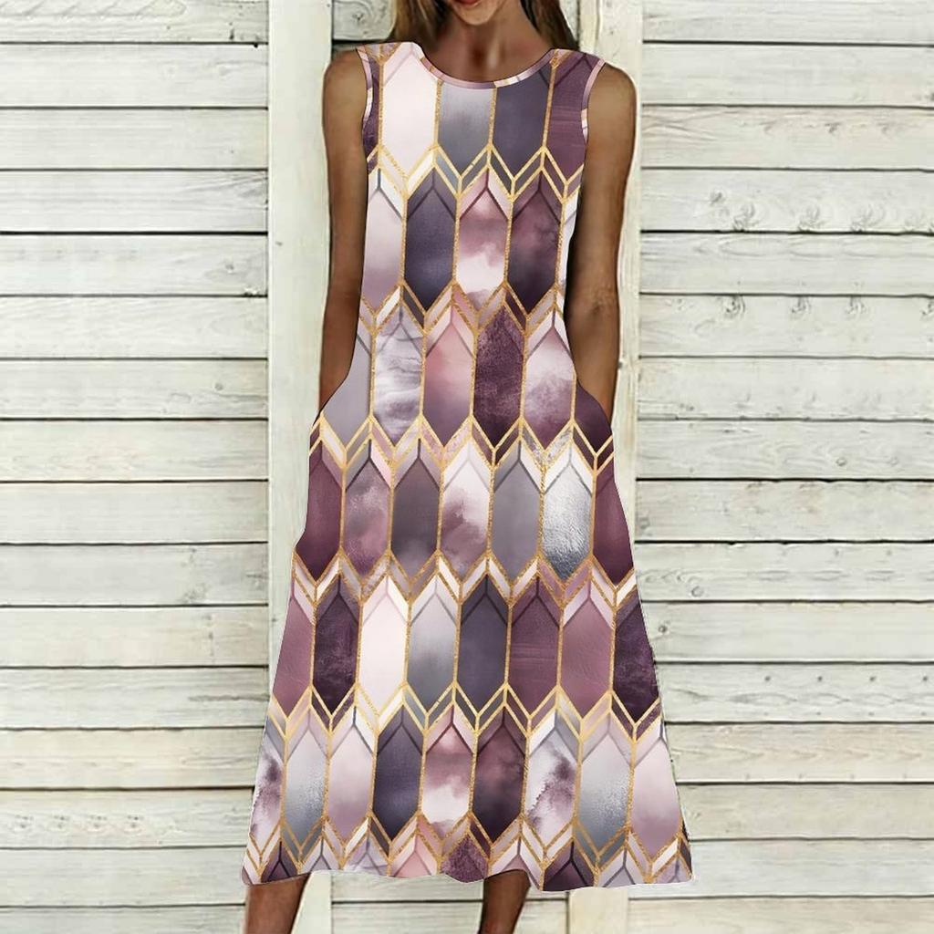 Women Oversized Sleeveless Round Neck Dress Stunning Tropical Bouquet Flowy Mid Length Dress