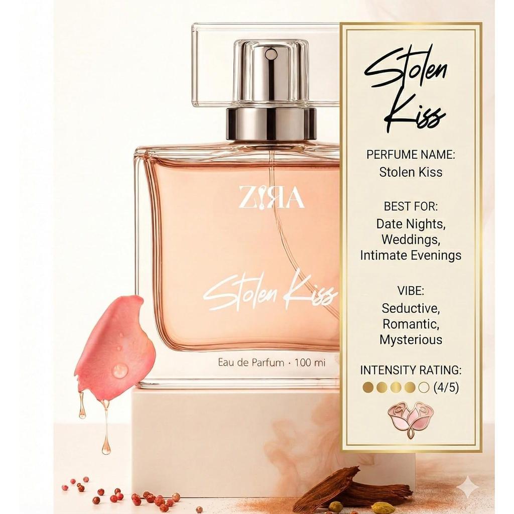 ZIRA Stolen Kiss Eau de Parfum – Floral Woody Rose, Saffron & Oud Fragrance for Women, Elegant Scent for Special Occasions (100ml)