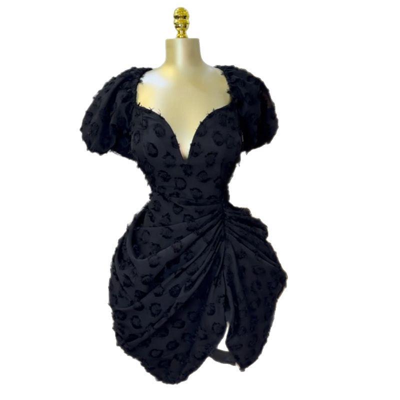 2025 Spring/Summer Sexy V-Neck Puff Sleeve High Waist Slimming Ruched Short Dress for Women