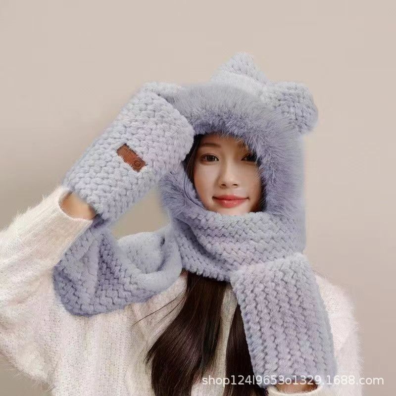 Bear plush hat scarf integrated women's winter cute autumn and winter three-piece set winter warm new