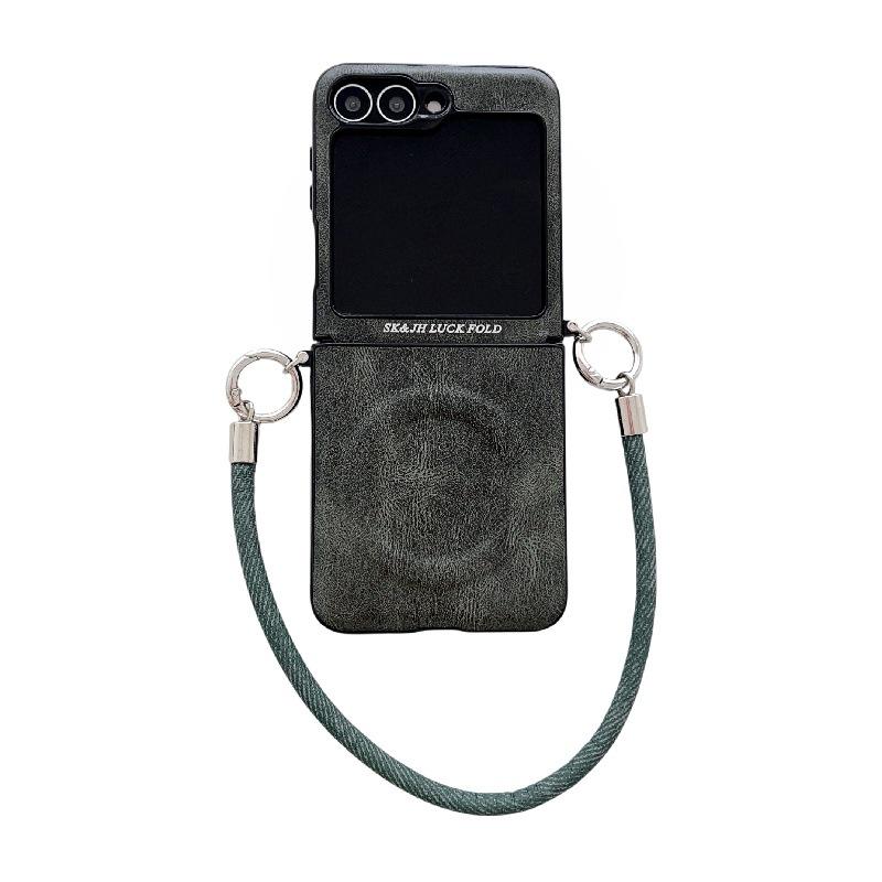 Business Crazy Horse Pattern Magnetic Case for Samsung Z Flip7: Foldable, Anti-Drop, Anti-Lost Lanyard, Compatible with 6/5 Gen.