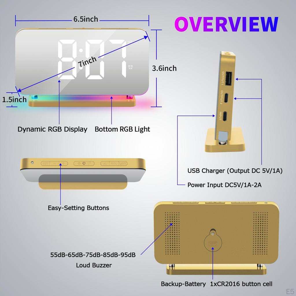 LED Digital Alarm Clock Bedroom Brightness Dimmer with USB Charging Port, RGB Color Modes,