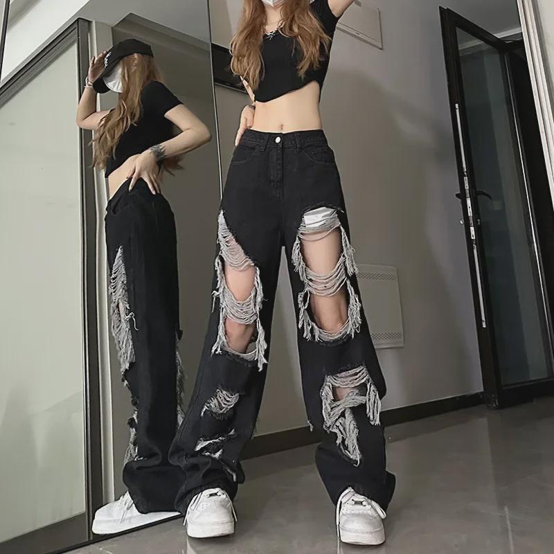 2024 Women's Hong Kong-Style Straight Wide-Leg Jeans - Summer Beggar Hole Loose Slim Trendy Trousers.